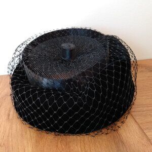 Vintage Open Crown Pillbox Hat with Netting Veiling Black